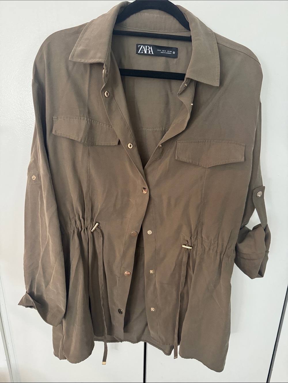 Zara Olive Green Drawstring Shirt Jacket